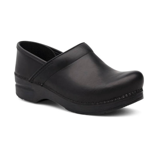 Black closed-back clog with a smooth leather upper and thick black platform sole