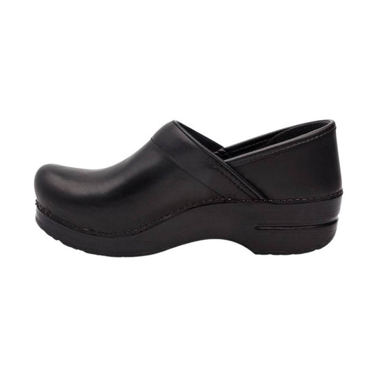 Black closed-toe clog with a smooth leather upper and low heel, side view