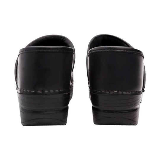 Back view of black clogs with closed heels and thick treaded soles