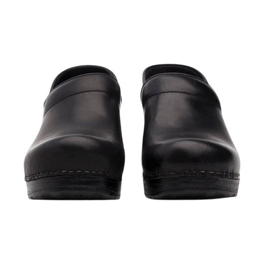 Black slip-on clogs shown from the back, with rounded heels and raised heel collars