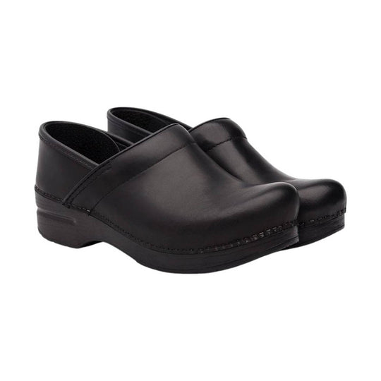 Black leather clogs with closed toes and chunky molded heels