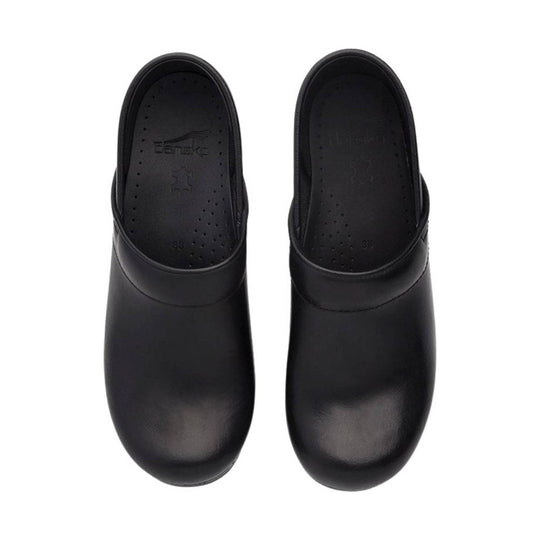 Black closed-back clogs shown from above with perforated insoles