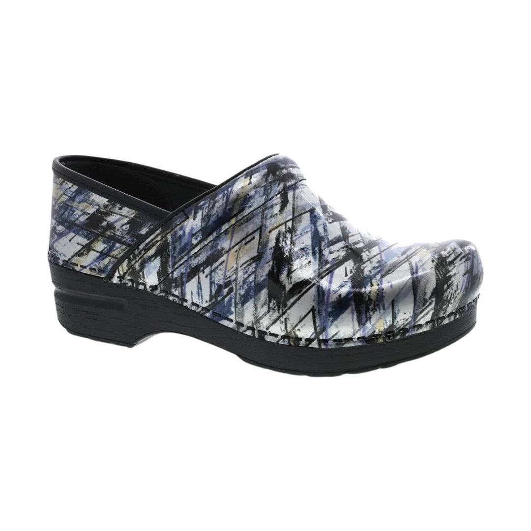 Printed black clog with a closed toe, open heel, and black platform sole