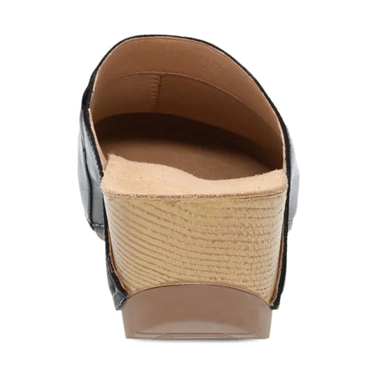 Black mule clog with tan faux-wood wedge heel and suede-look footbed, rear view