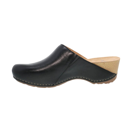 Black leather mule clog with a wooden wedge heel and stitched sole