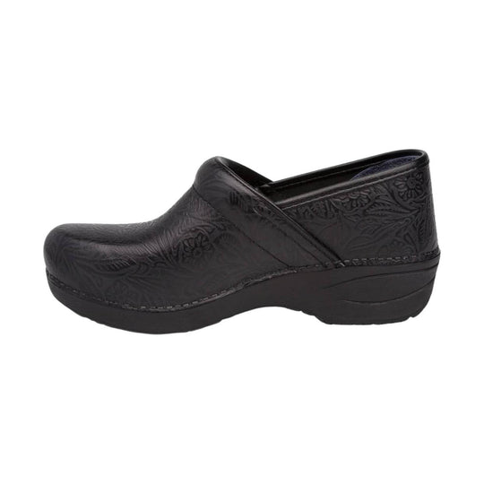Black floral-embossed clog with closed back and wedge sole