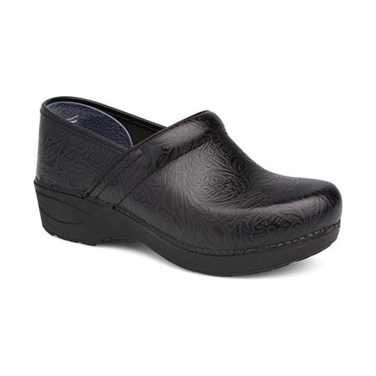Black floral-embossed clog with a closed toe and wedge heel