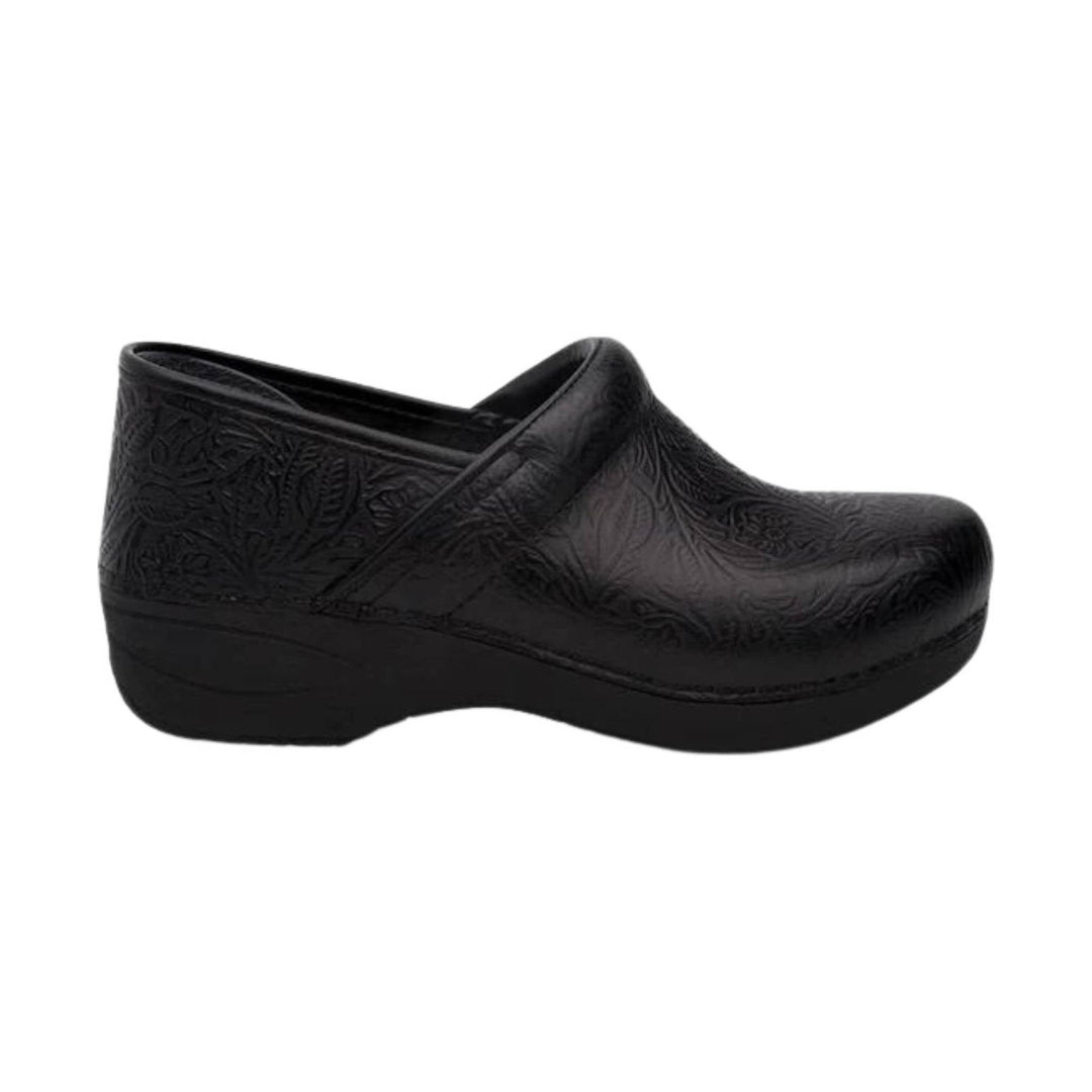 Black embossed leather clog with thick wedge sole