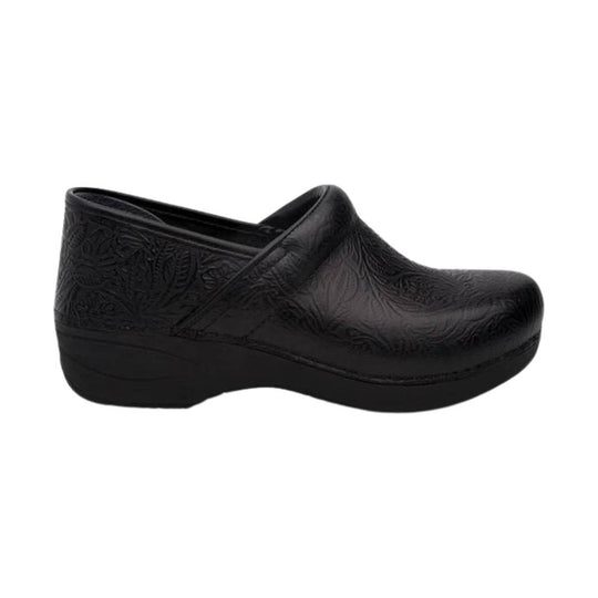 Black embossed leather clog with thick wedge sole