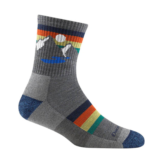 Gray hiking sock with mountain and sunrise graphic, color stripes, and blue heel and toe accents