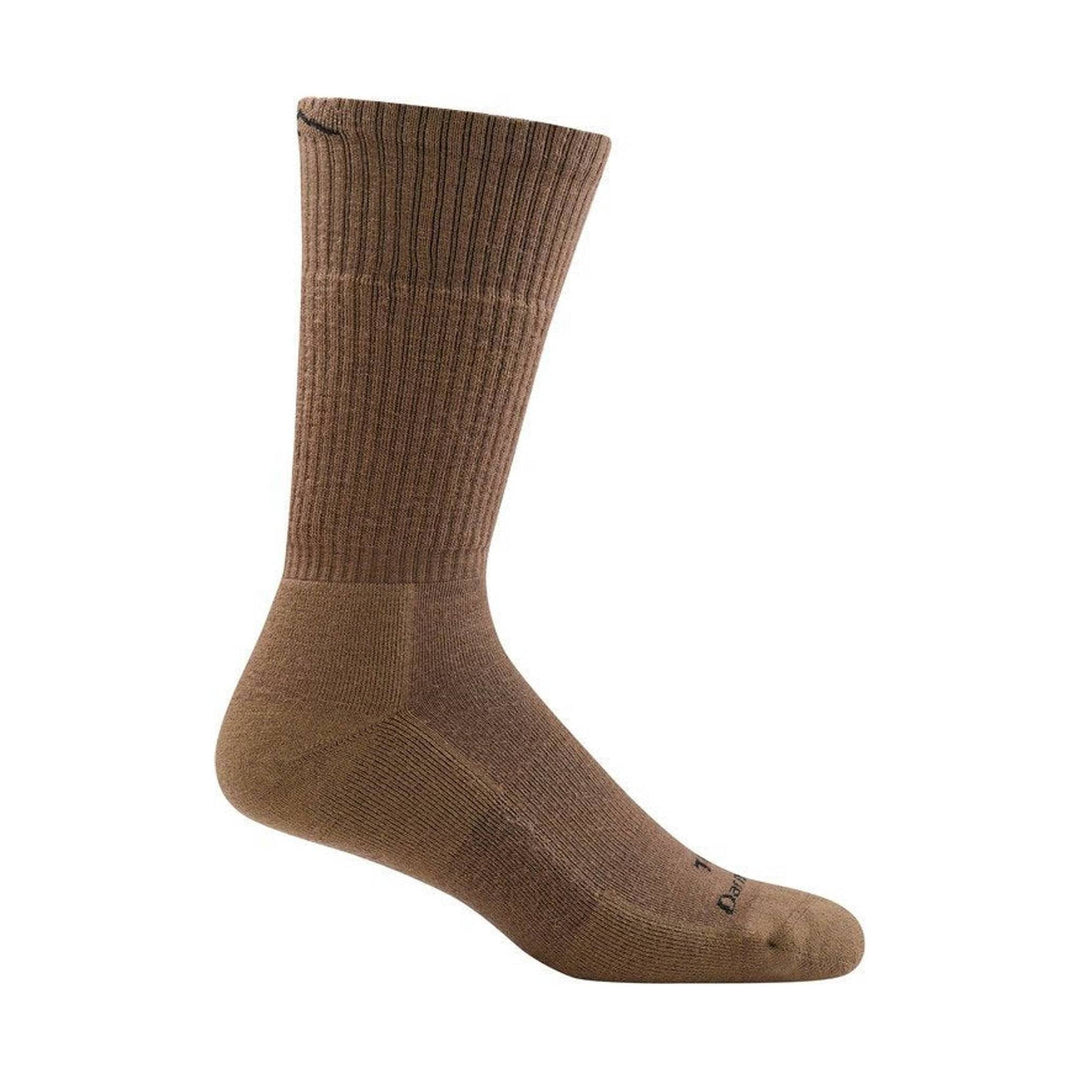 Coyote brown ribbed crew sock with a small black logo on the foot