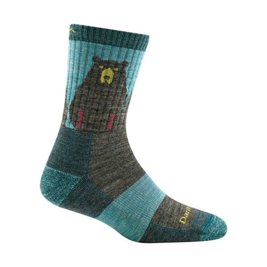 Blue-gray and teal hiking sock with a bear graphic and yellow text