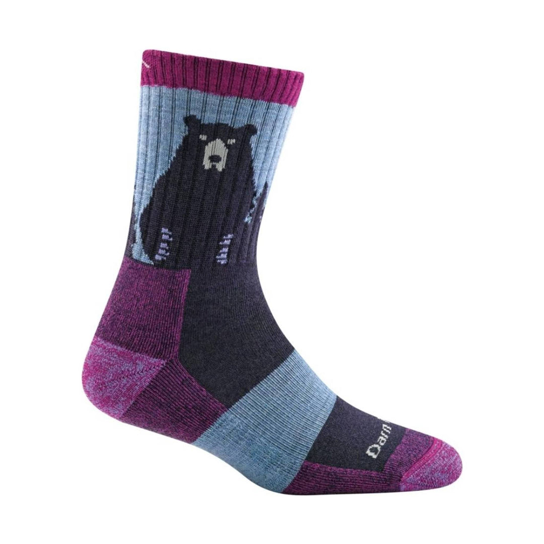 Mid-calf knit sock with a bear graphic, color blocks in purple, blue, and black