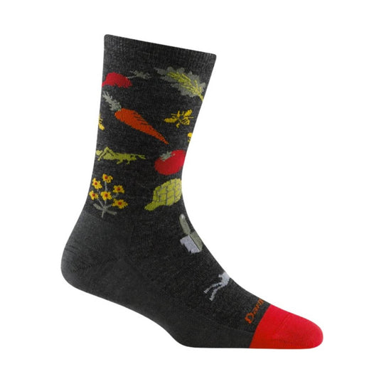 Black crew sock with colorful farm produce pattern and red heel and toe