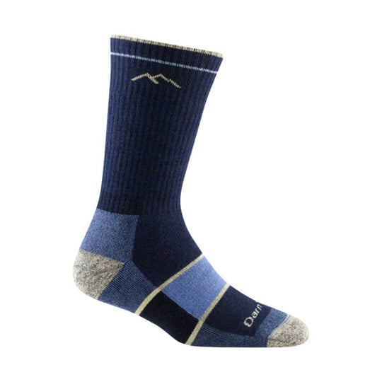 Blue and gray hiking sock with striped cuff and small ankle logo