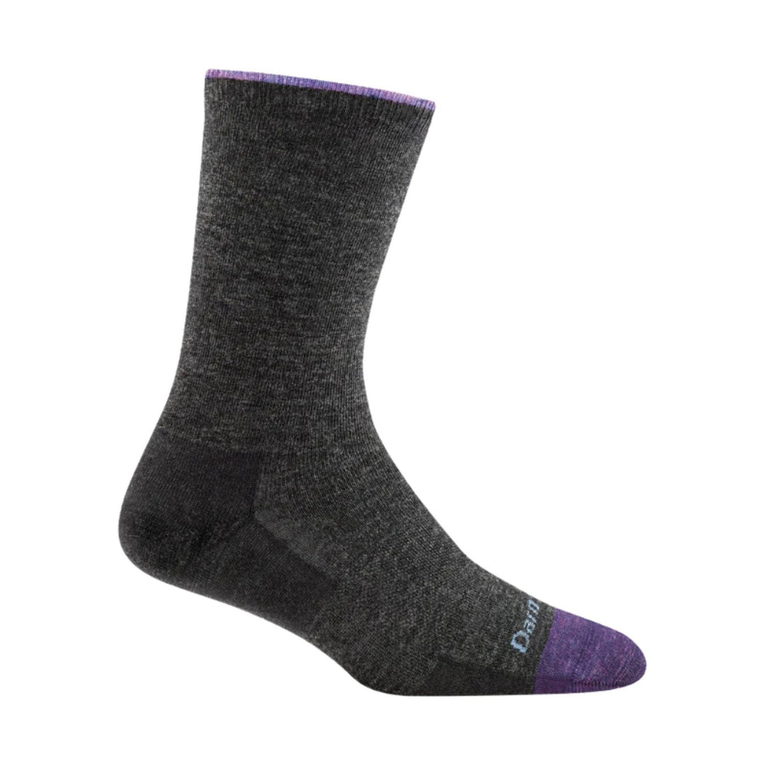 Dark charcoal crew sock with purple toe and cuff, shown in profile