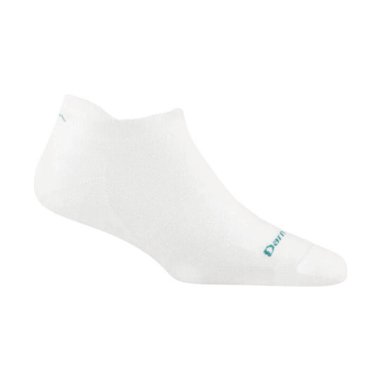 White no-show tab sock with teal logo near the toe and a small teal mark near the ankle