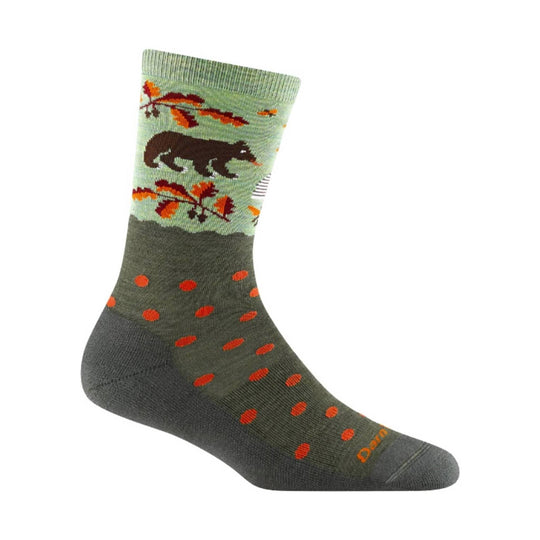 Olive crew sock with orange leaf and bear pattern and dark gray foot