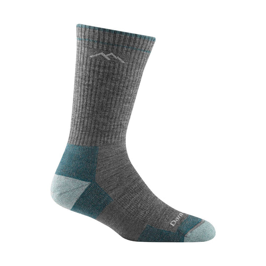 Gray midweight hiking sock with teal accents and a reinforced heel and toe