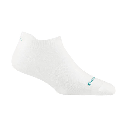 White no-show ankle sock with teal logo near the toe