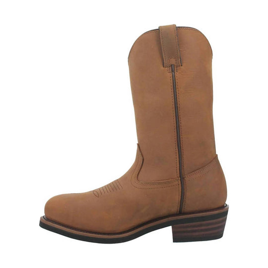 Mid-brown leather cowboy boot with pointed toe, side zipper, and stacked heel