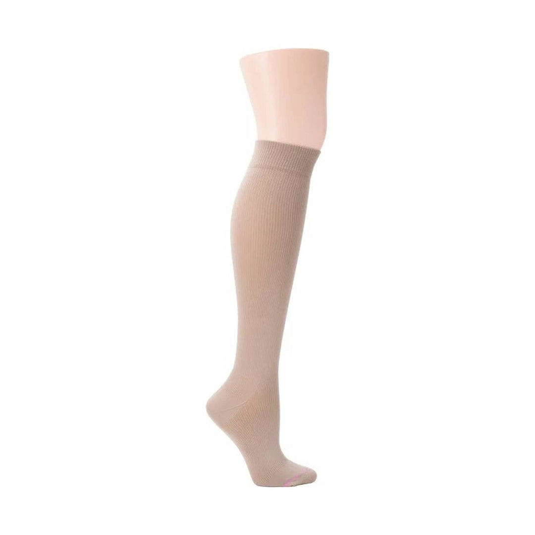 Beige knee-high compression sock with a sheer top band and reinforced heel and toe