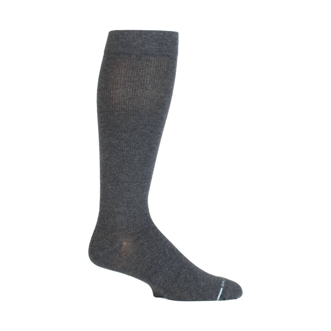 Dark gray knee-high sock with a small white logo near the toe