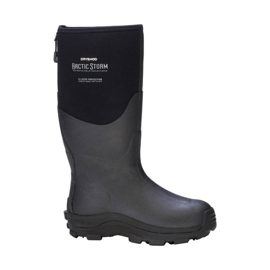 Tall black insulated boot with a side zipper and lugged tread sole