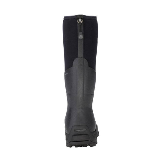 Tall black insulated rubber boot with a zipper front and rugged treaded sole
