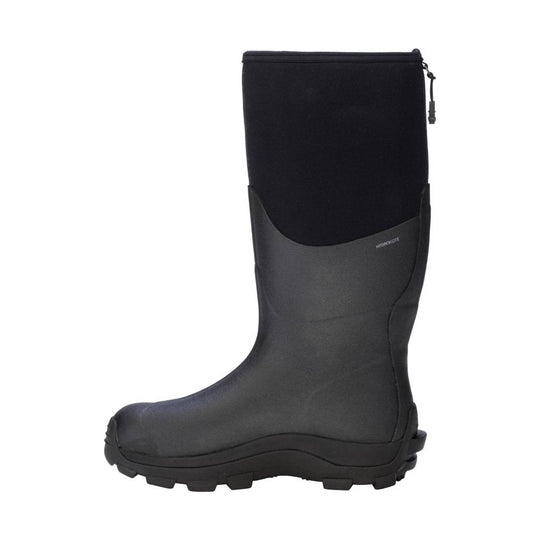 Black tall rubber boot with lug sole and pull tab
