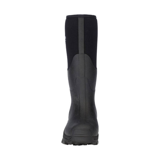 Black knee-high rubber boot with textured sole, shown from the back