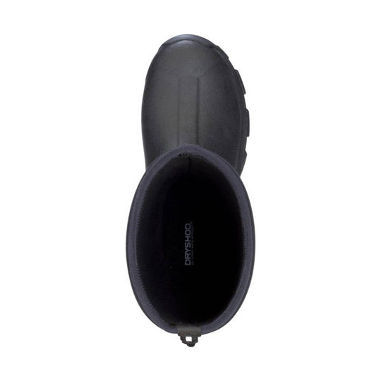 Black waterproof pull-on boot with tall shaft and printed insole text