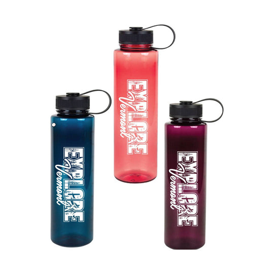 Three translucent water bottles with black caps and loops, each printed with vertical EXPLORE Vermont text