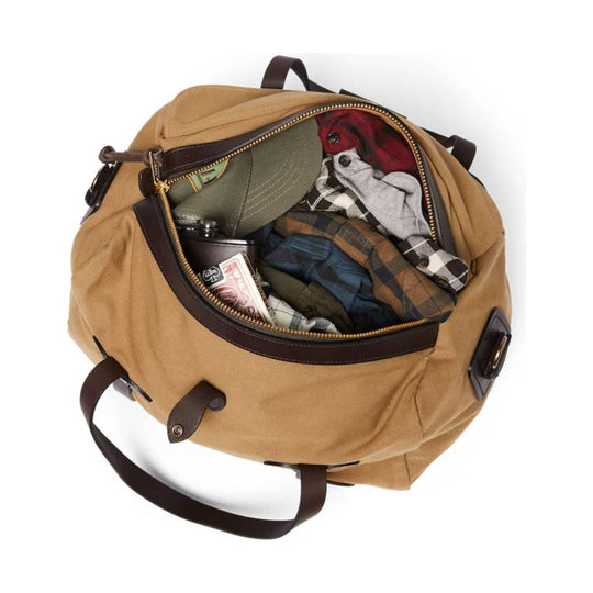 Tan canvas duffel bag with an open zippered main compartment and brown leather straps