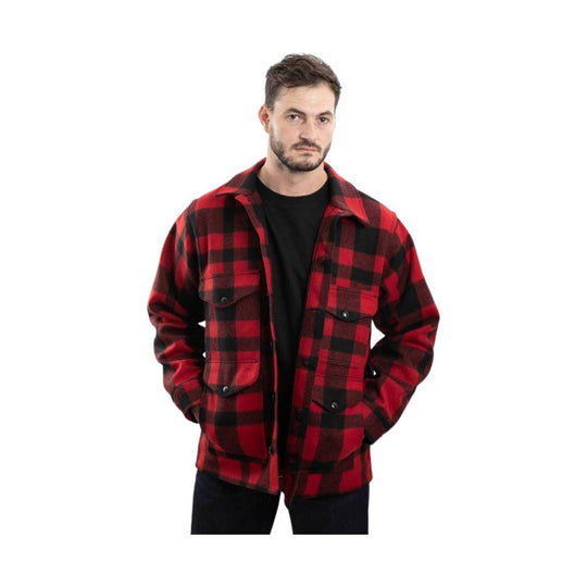 Red and black plaid button-front shirt jacket with chest pockets