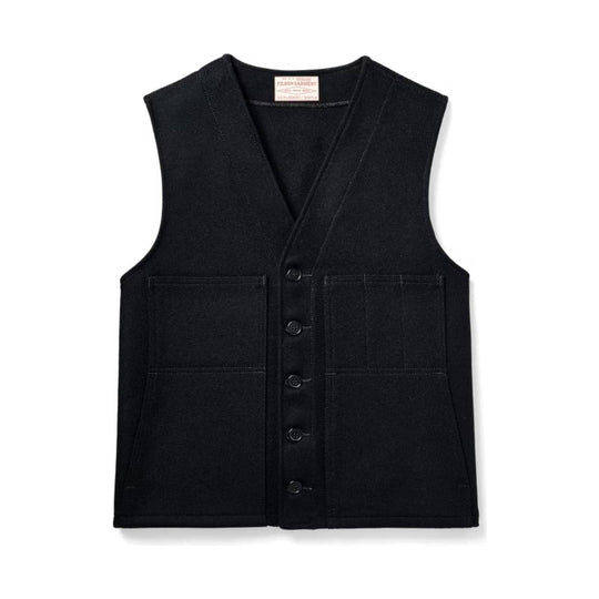 Black wool button-front vest with large front patch pockets
