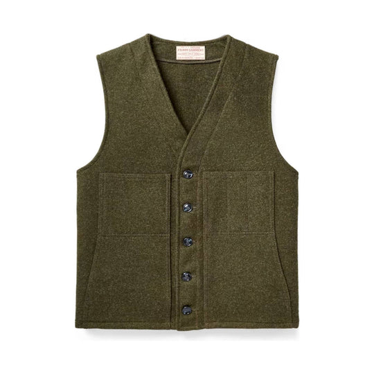 Olive wool button-front vest with V-neck and four front pockets
