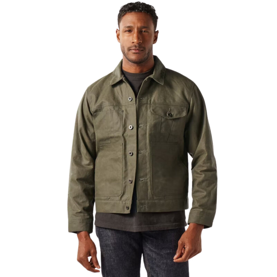Olive green lined jacket with button front, pointed collar, and chest flap pockets