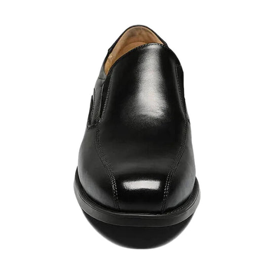 Black leather slip-on dress shoe shown from the front