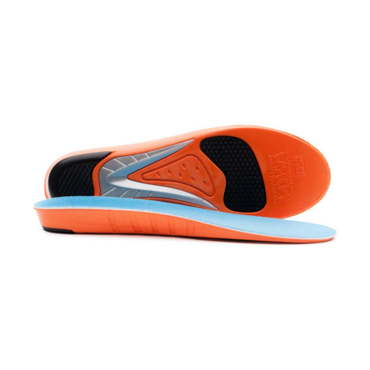 Blue and orange shoe insoles, one showing black grip pads and embossed heel text