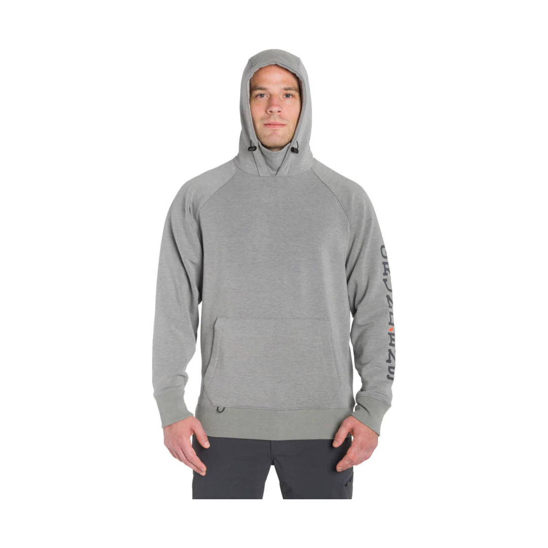 Gray pullover hoodie with front kangaroo pocket and vertical sleeve logo