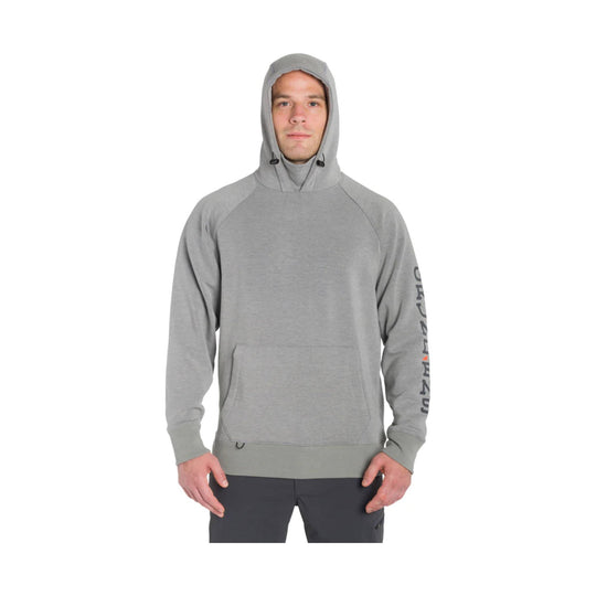 Gray pullover hoodie with front kangaroo pocket and vertical sleeve logo