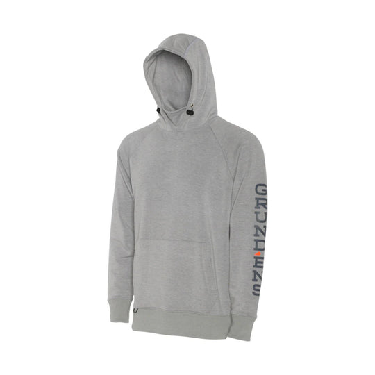 Light gray pullover hoodie with hood and vertical GRUNDENS text on the sleeve