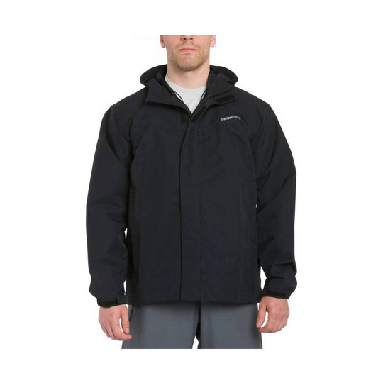 Black hooded waterproof jacket with front zipper and small chest logo