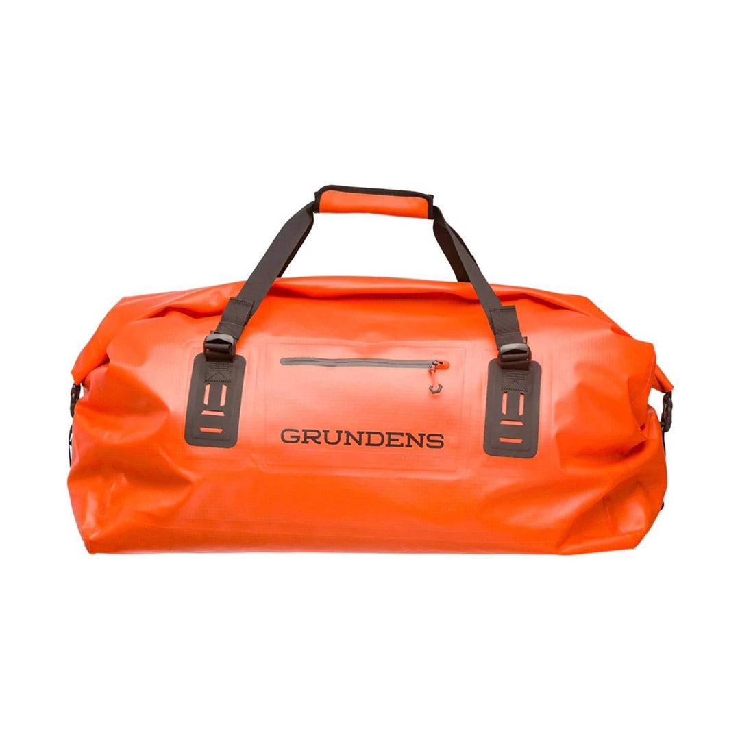Orange waterproof duffel bag with black straps and a front zipper pocket