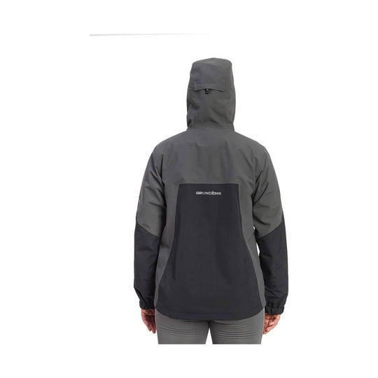 Dark gray hooded rain jacket with a large back panel and small chest logo