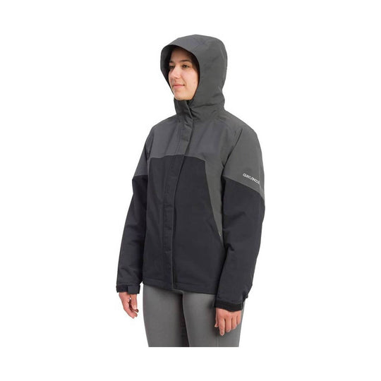 Gray and black hooded rain jacket with front zipper and sleeve logo