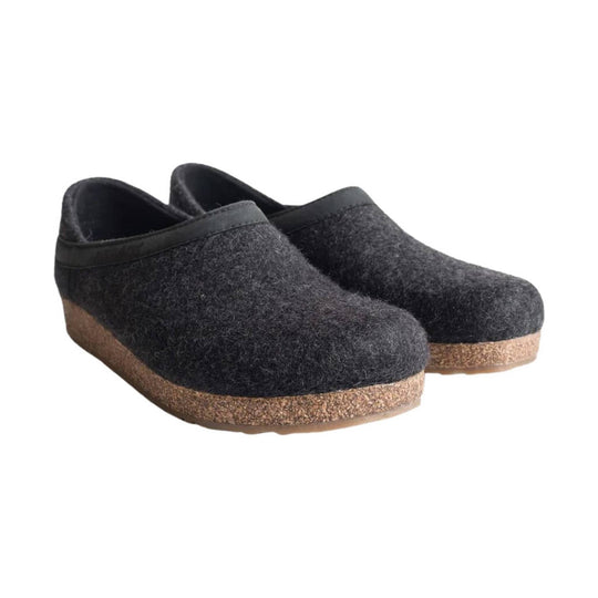 Dark felt clogs with cork midsoles and rounded toes
