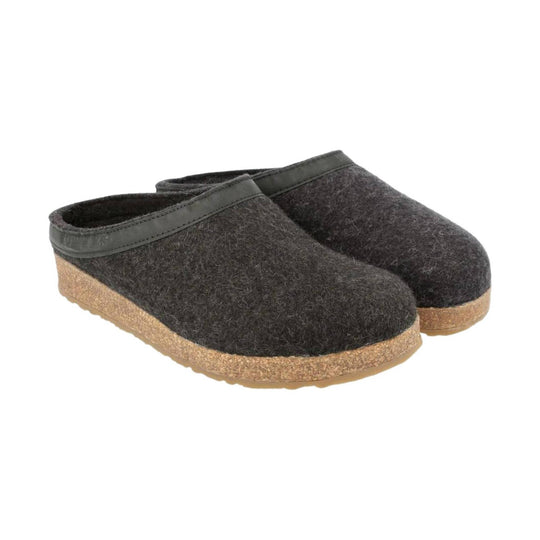 Pair of dark wool clog slippers with cork soles
