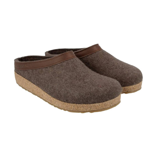 Brown felt slip-on clogs with cork platform soles
